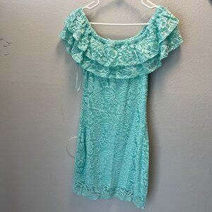 ci sono Off Shoulder Strapless lace light blue dress pull on